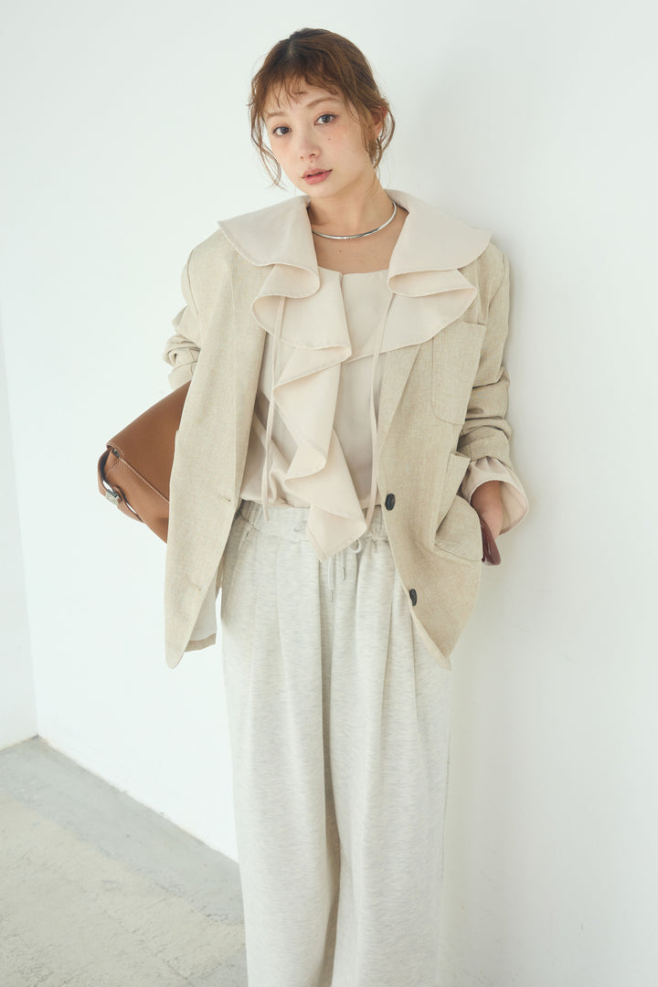[SET]リネンライクテーラードジャケット+デニムフリルブラウス(2set)