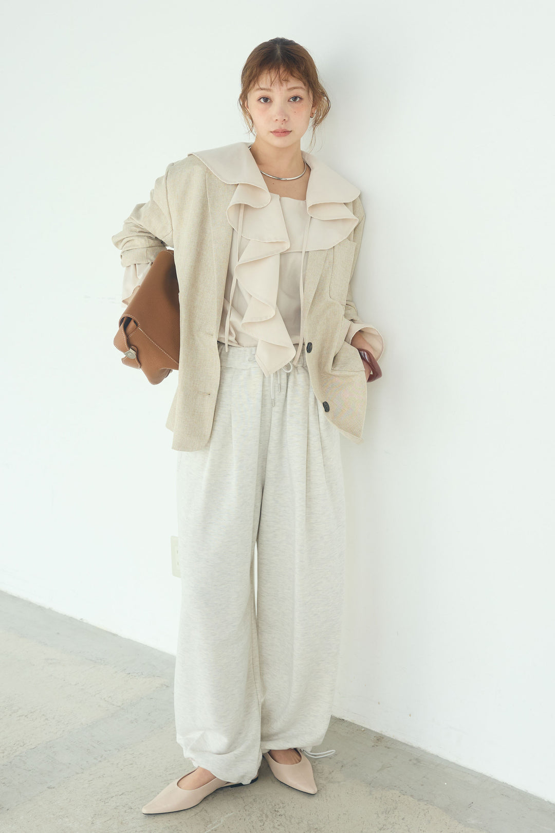 [SET]リネンライクテーラードジャケット+デニムフリルブラウス(2set)