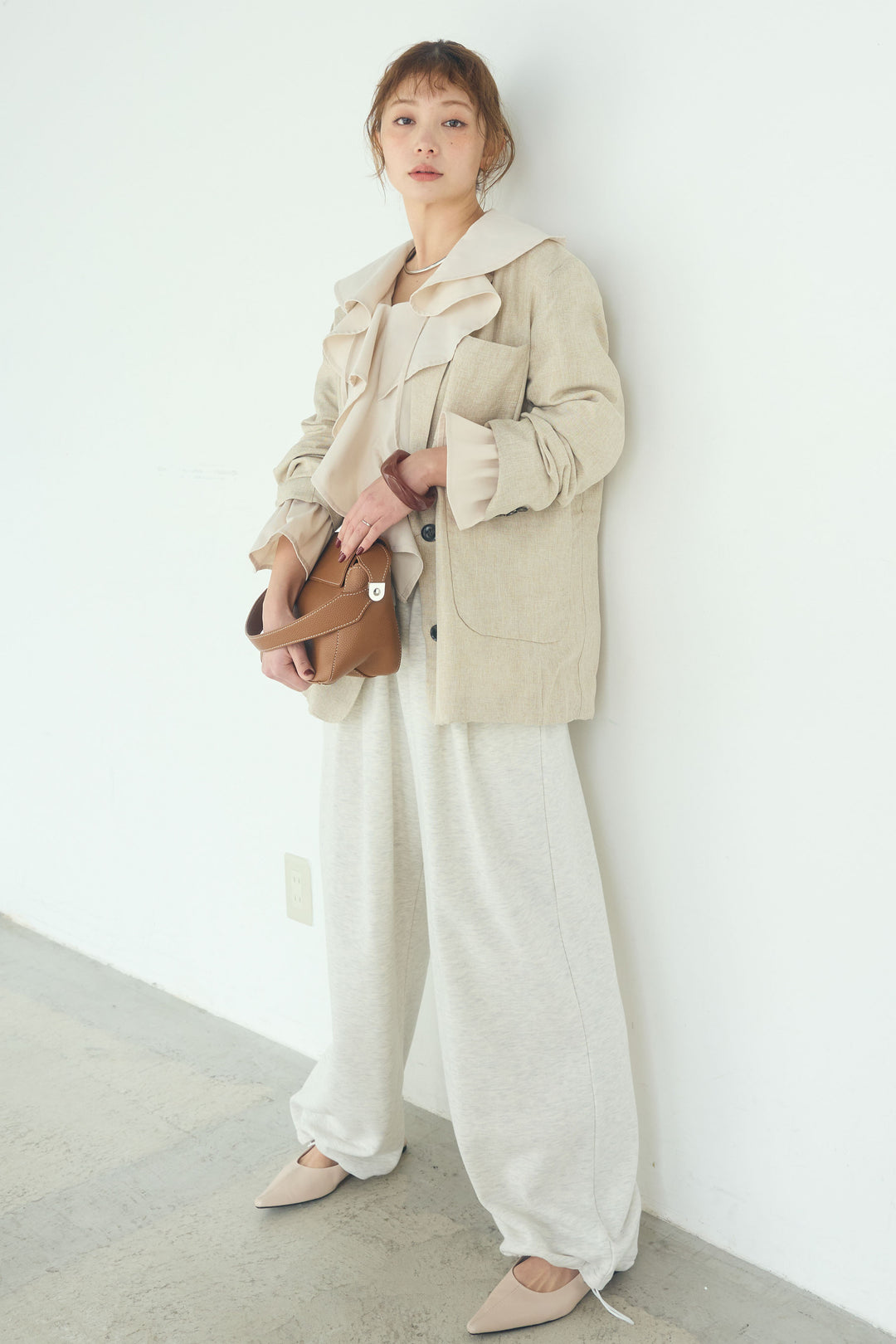 [SET]リネンライクテーラードジャケット+デニムフリルブラウス(2set)