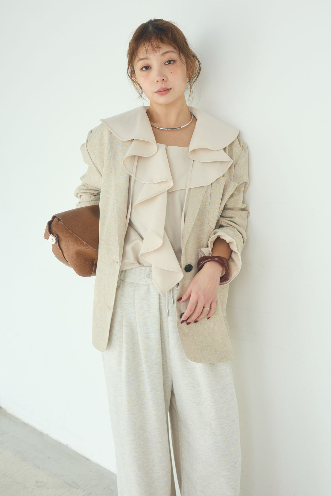 [SET]リネンライクテーラードジャケット+デニムフリルブラウス(2set)