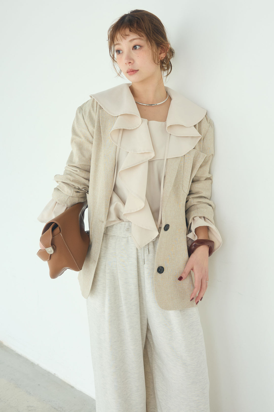 [SET]リネンライクテーラードジャケット+デニムフリルブラウス(2set)