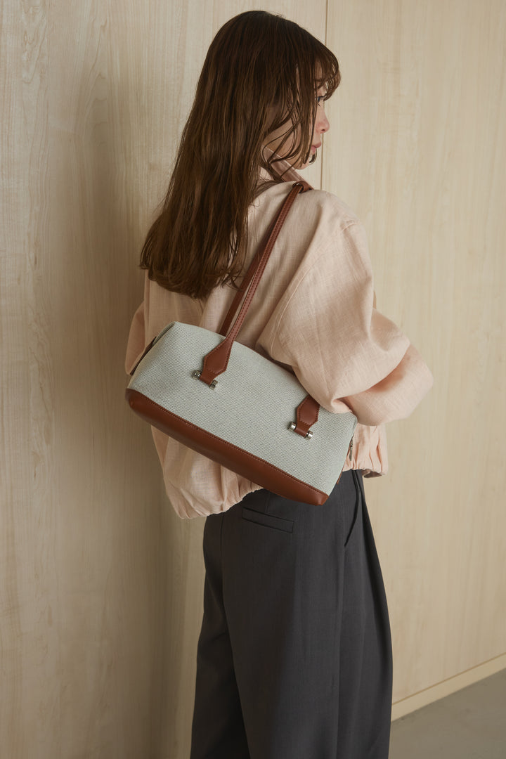 キャンバスコンビスクエアボストンバッグ/ブラウン