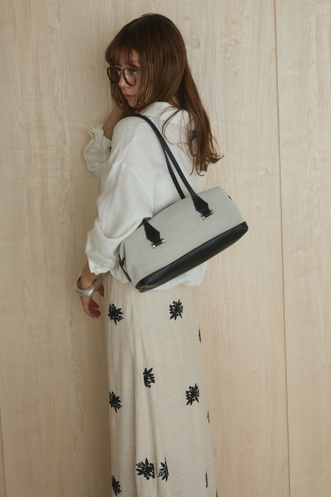 キャンバスコンビスクエアボストンバッグ/ブラック