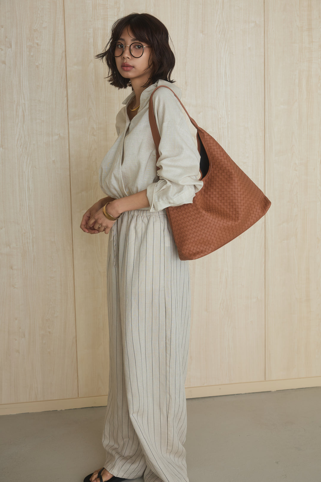 レザーライクメッシュワンハンドルバッグ/ブラウン