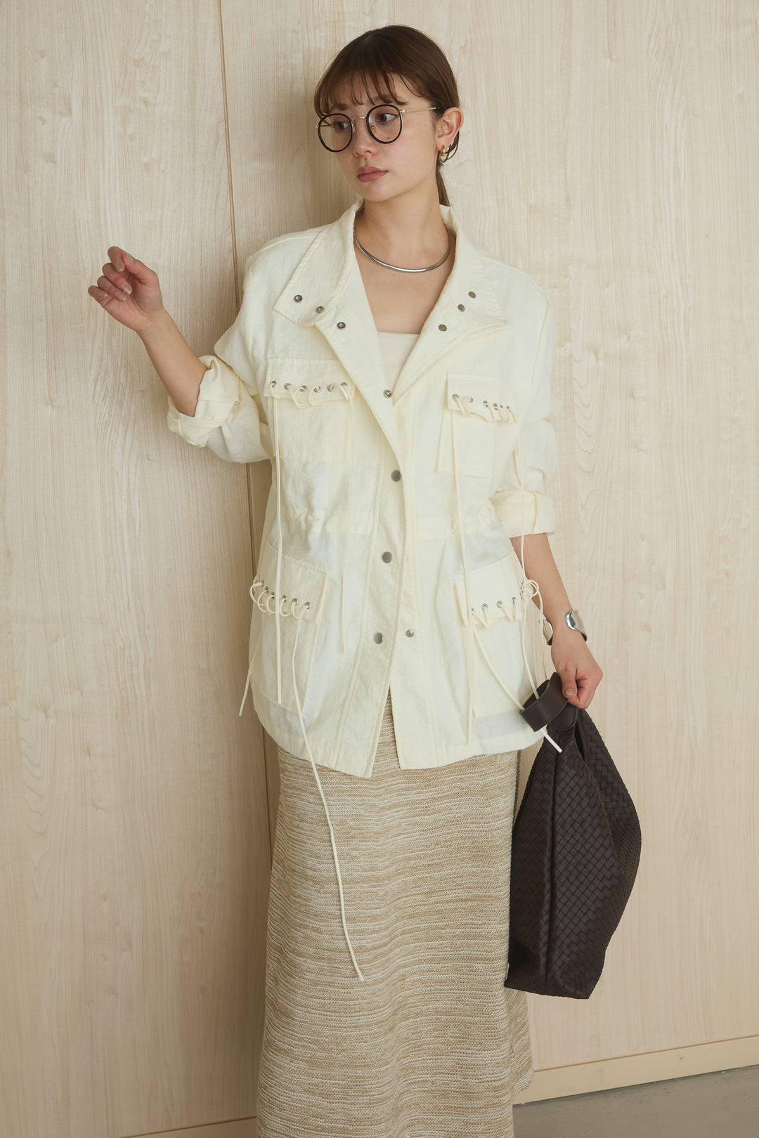 レザーライクメッシュワンハンドルバッグ/カーキ