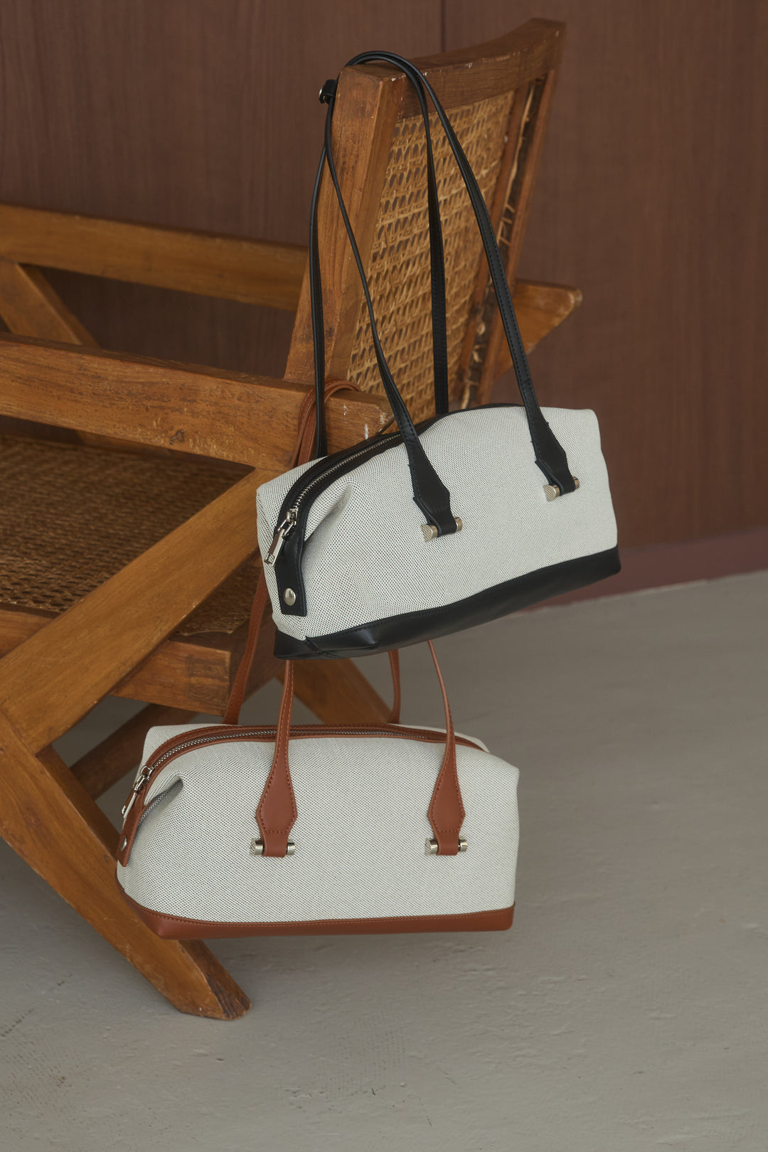 キャンバスコンビスクエアボストンバッグ/ブラック