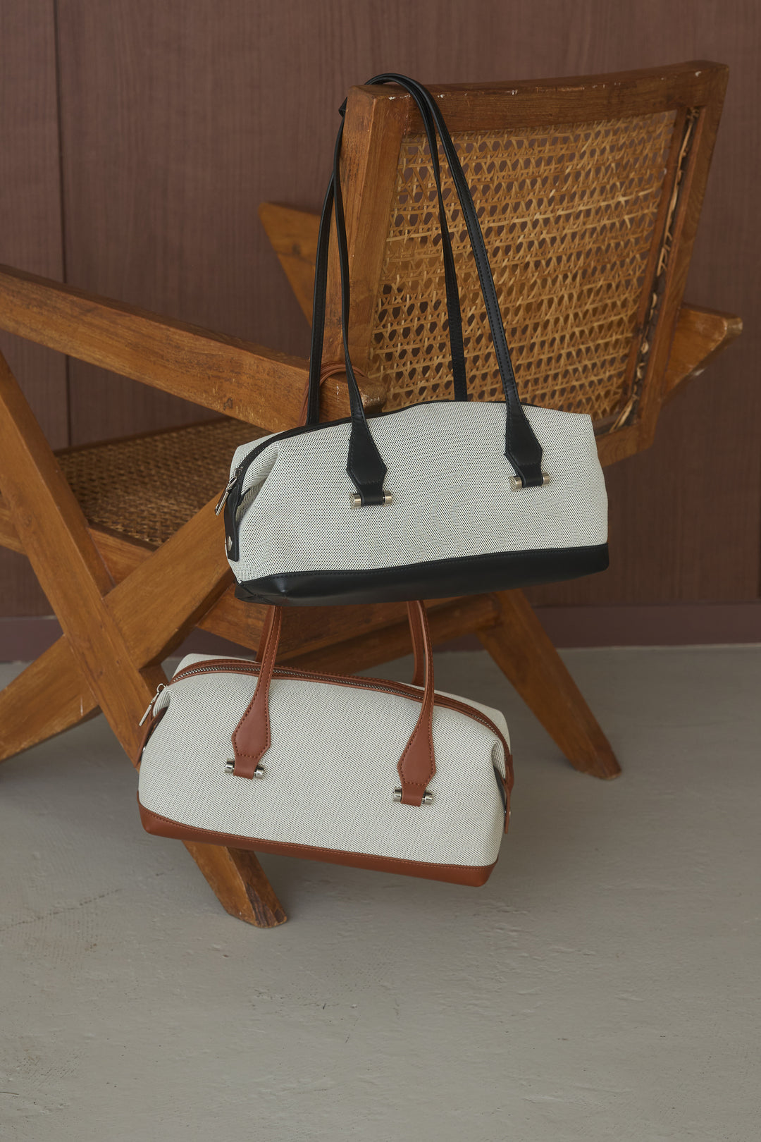 キャンバスコンビスクエアボストンバッグ/ブラック