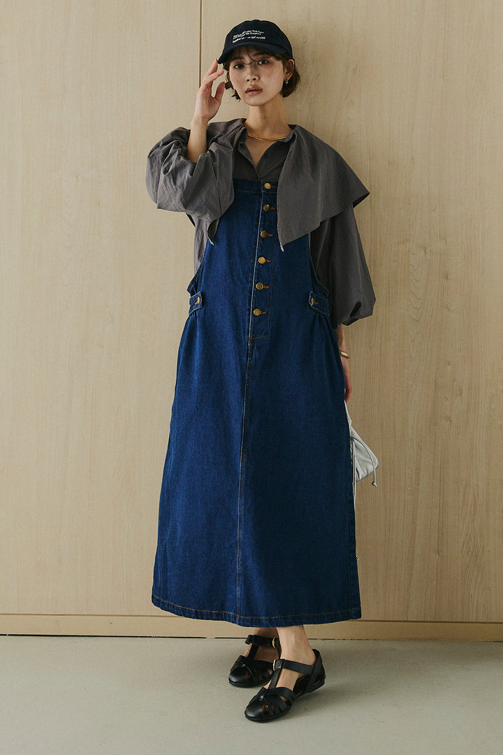 [SET]ケープカラーナイロンブラウス+配色ショルダーデニムサロペットスカート(2set)