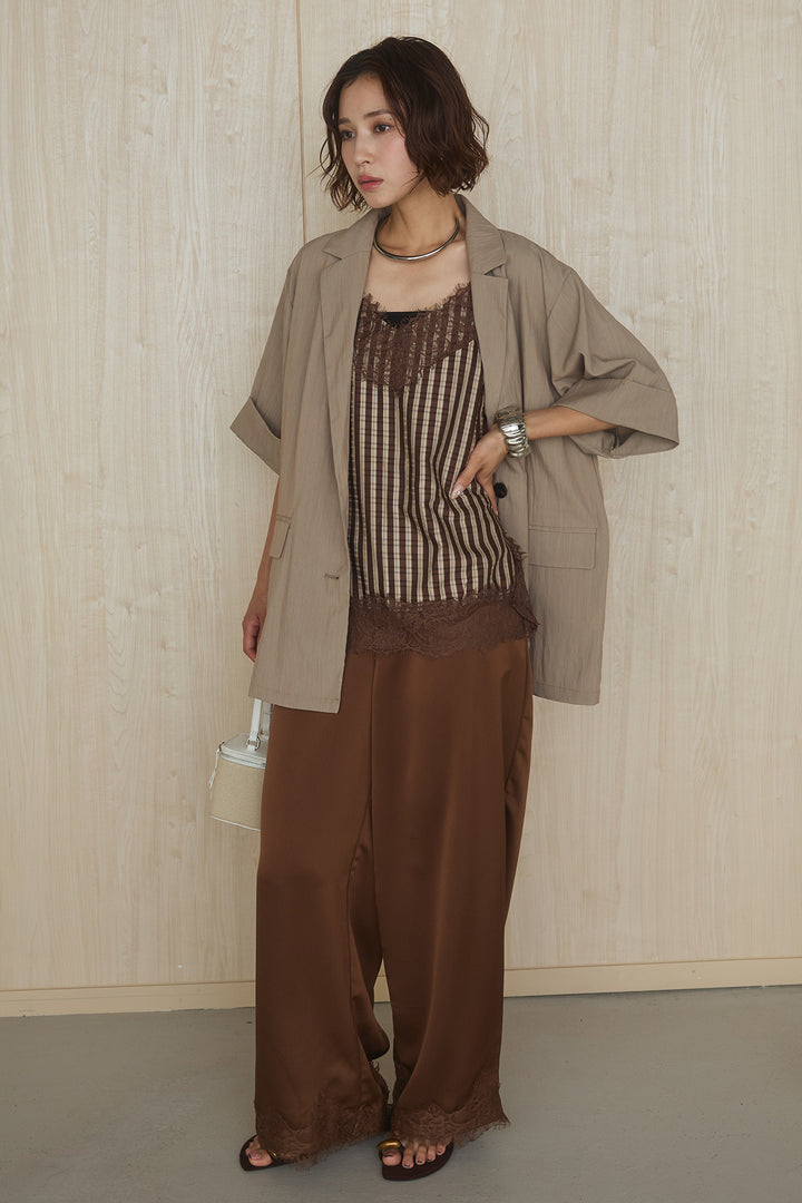 [SET]リネンライクテーラードハーフスリーブジャケット+サテン裾レースパンツ+レースストライプキャミソール(3set)