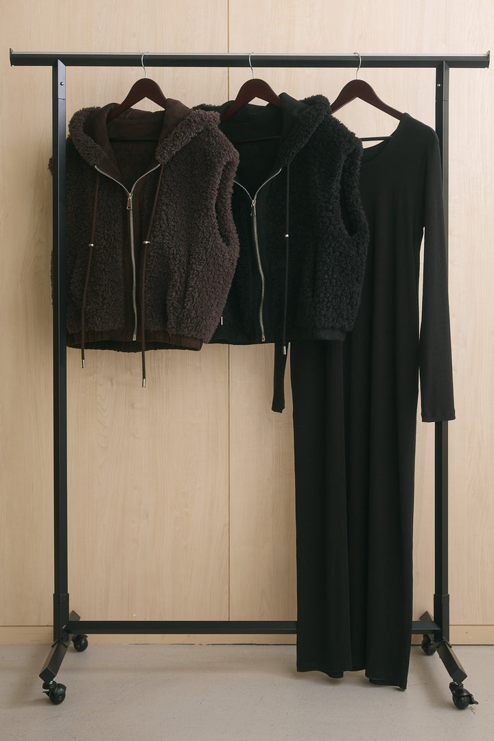【着回しセット】[SET]フーディー付きジップボアベスト+2way長袖リブロングワンピース+フーディー付きジップボアベスト(3set)
