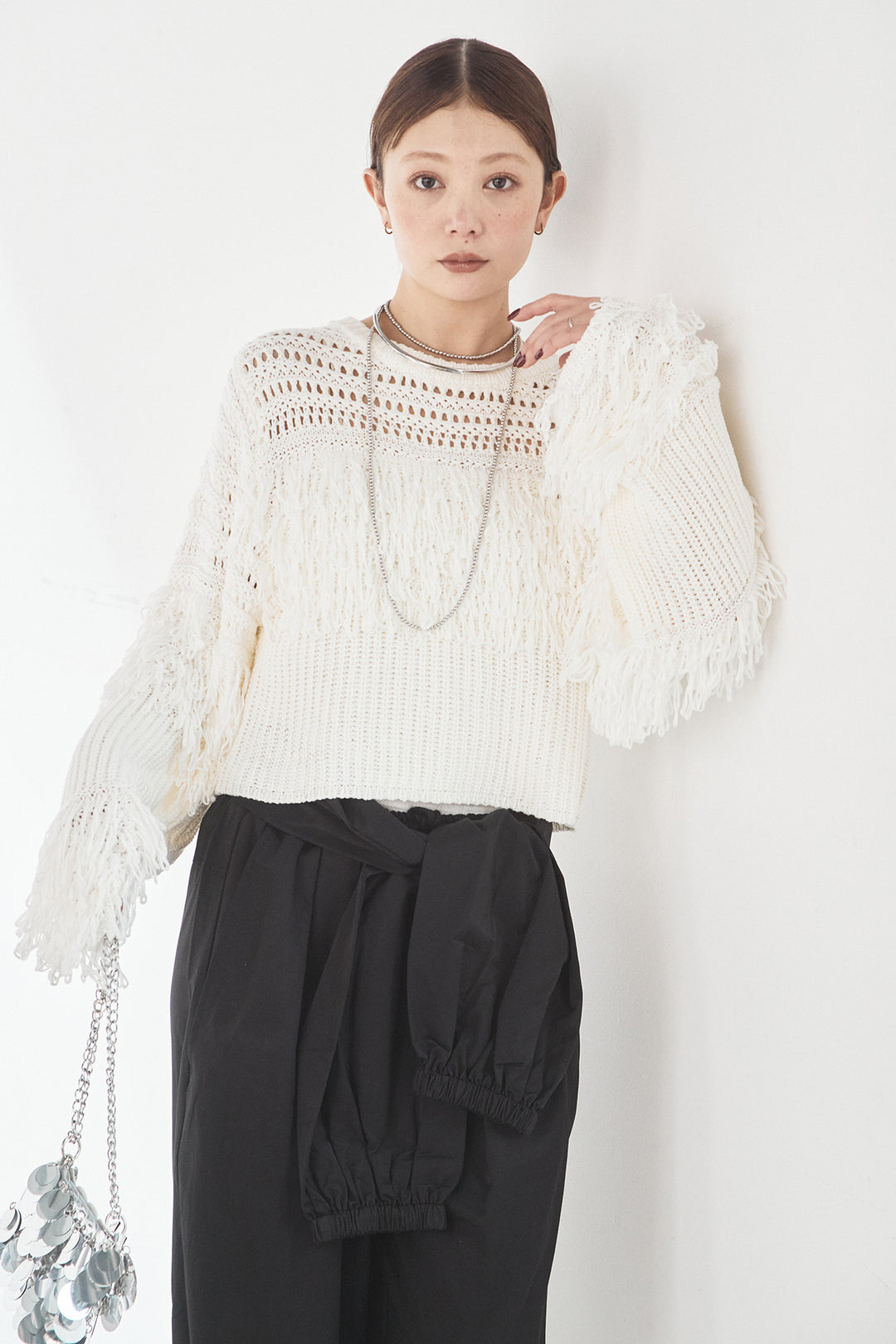 [SET]メッシュフリンジ切り替えプルオーバー+合繊ツイルスタンドウエスト巻きジョガーパンツ(2set)