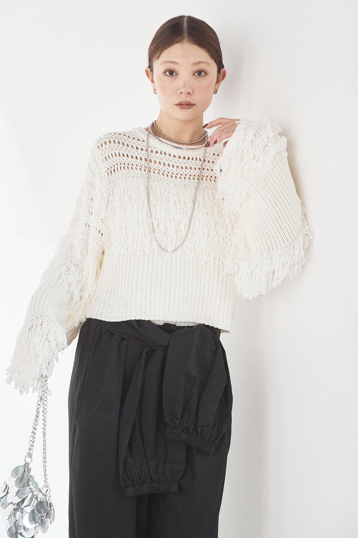 [SET]メッシュフリンジ切り替えプルオーバー+合繊ツイルスタンドウエスト巻きジョガーパンツ(2set)