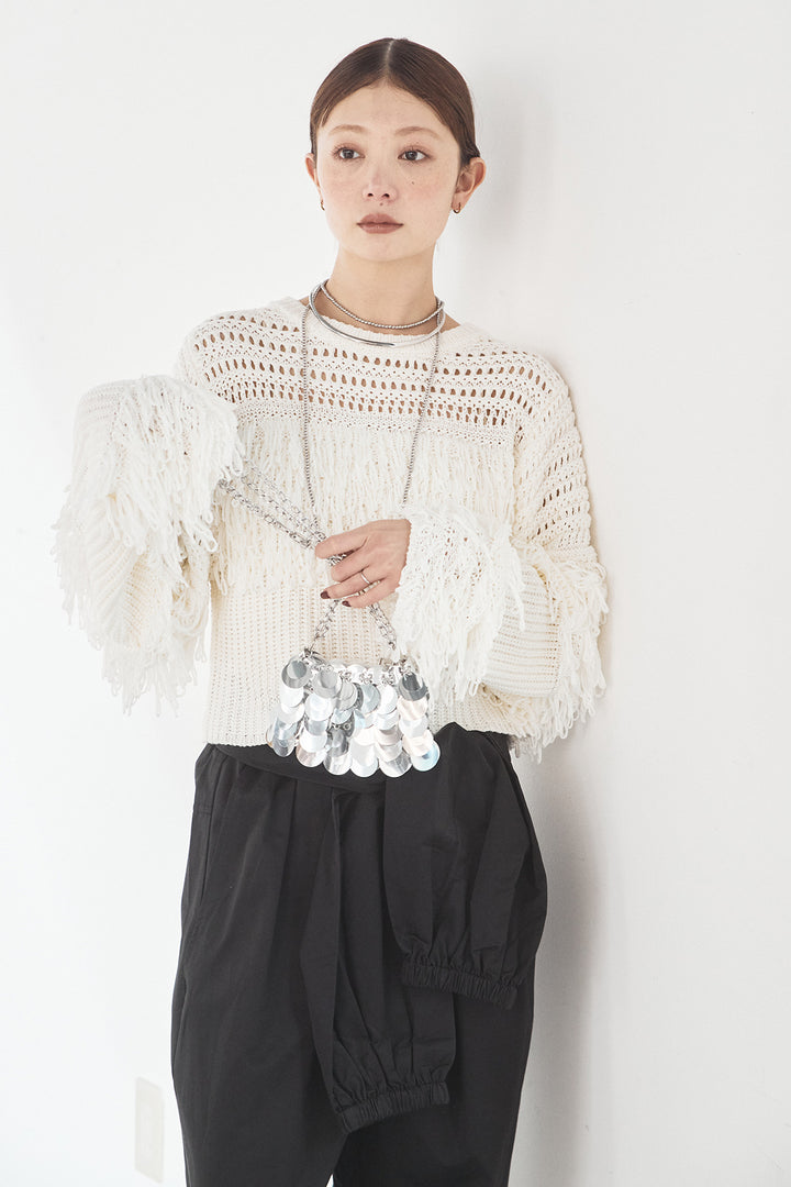 [SET]メッシュフリンジ切り替えプルオーバー+合繊ツイルスタンドウエスト巻きジョガーパンツ(2set)