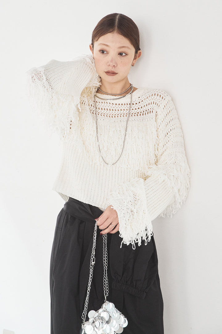 [SET]メッシュフリンジ切り替えプルオーバー+合繊ツイルスタンドウエスト巻きジョガーパンツ(2set)