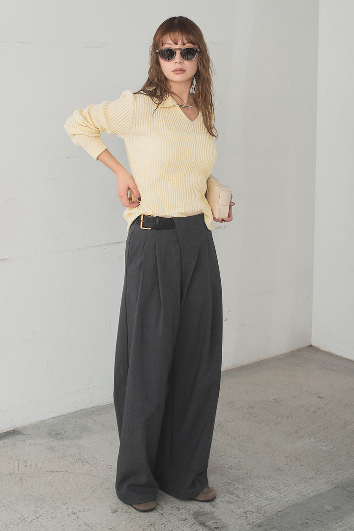 [SET]衿付きニットプルオーバー+サイドベルトタック入りスラックス(2set)