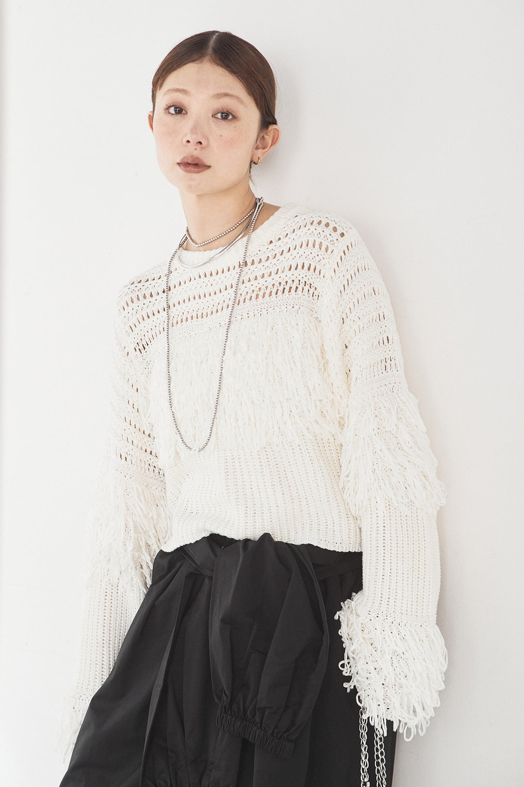 [SET]メッシュフリンジ切り替えプルオーバー+合繊ツイルスタンドウエスト巻きジョガーパンツ(2set)