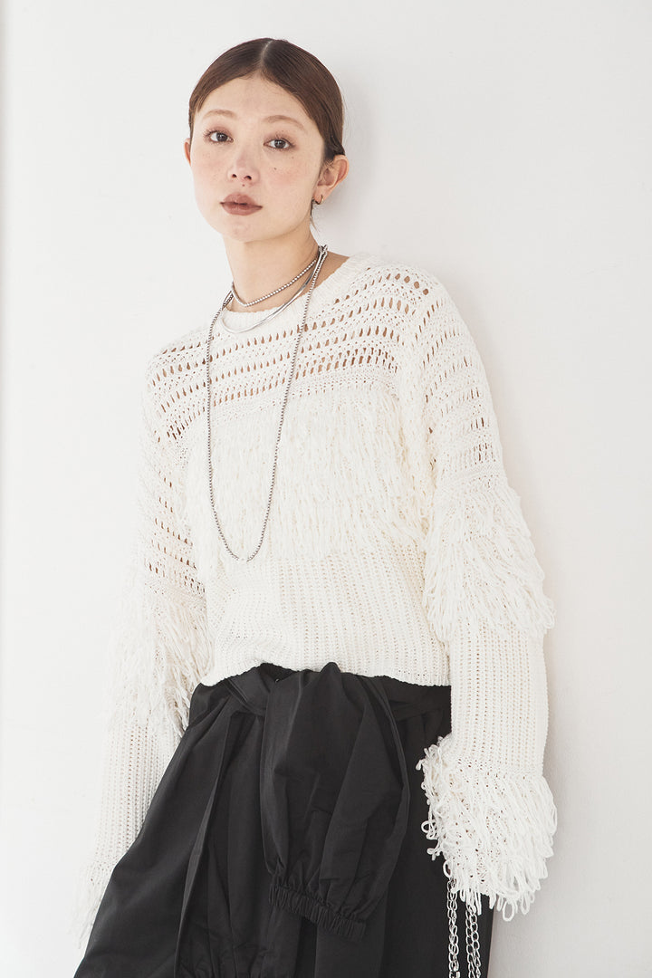 [SET]メッシュフリンジ切り替えプルオーバー+合繊ツイルスタンドウエスト巻きジョガーパンツ(2set)