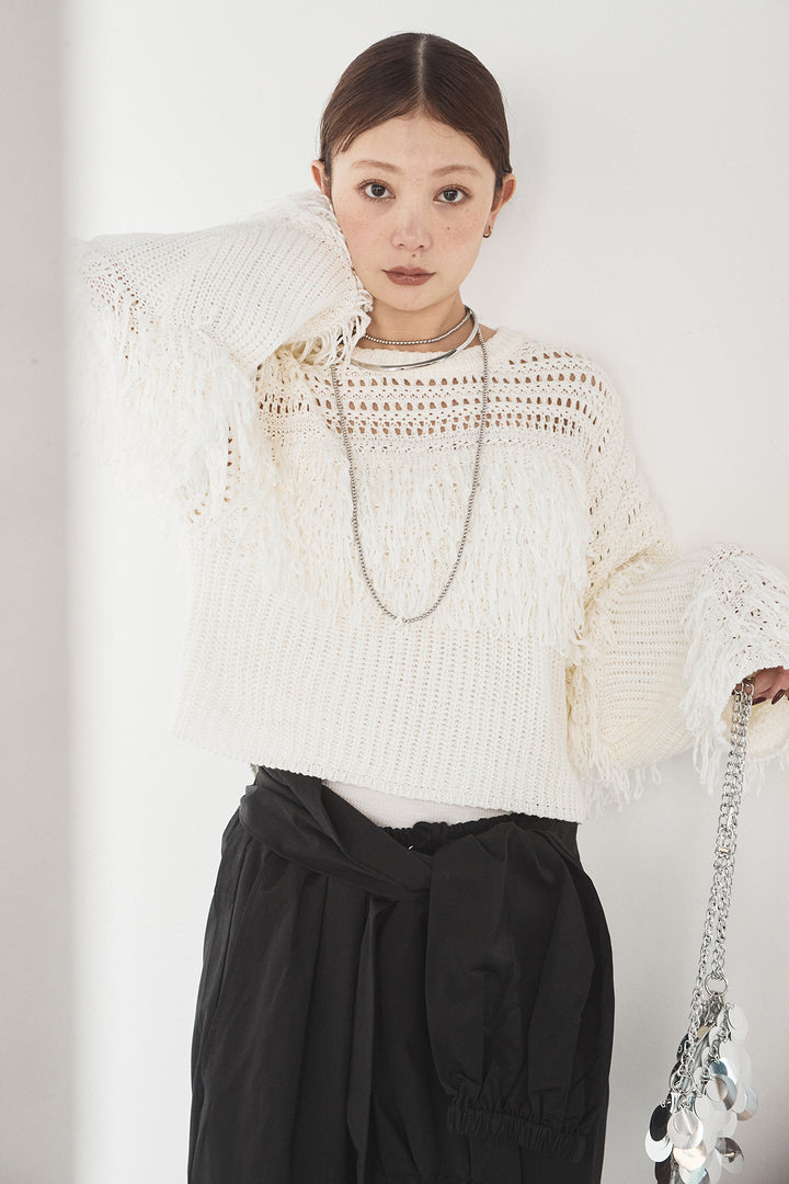 [SET]メッシュフリンジ切り替えプルオーバー+合繊ツイルスタンドウエスト巻きジョガーパンツ(2set)