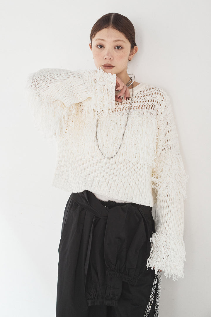 [SET]メッシュフリンジ切り替えプルオーバー+合繊ツイルスタンドウエスト巻きジョガーパンツ(2set)