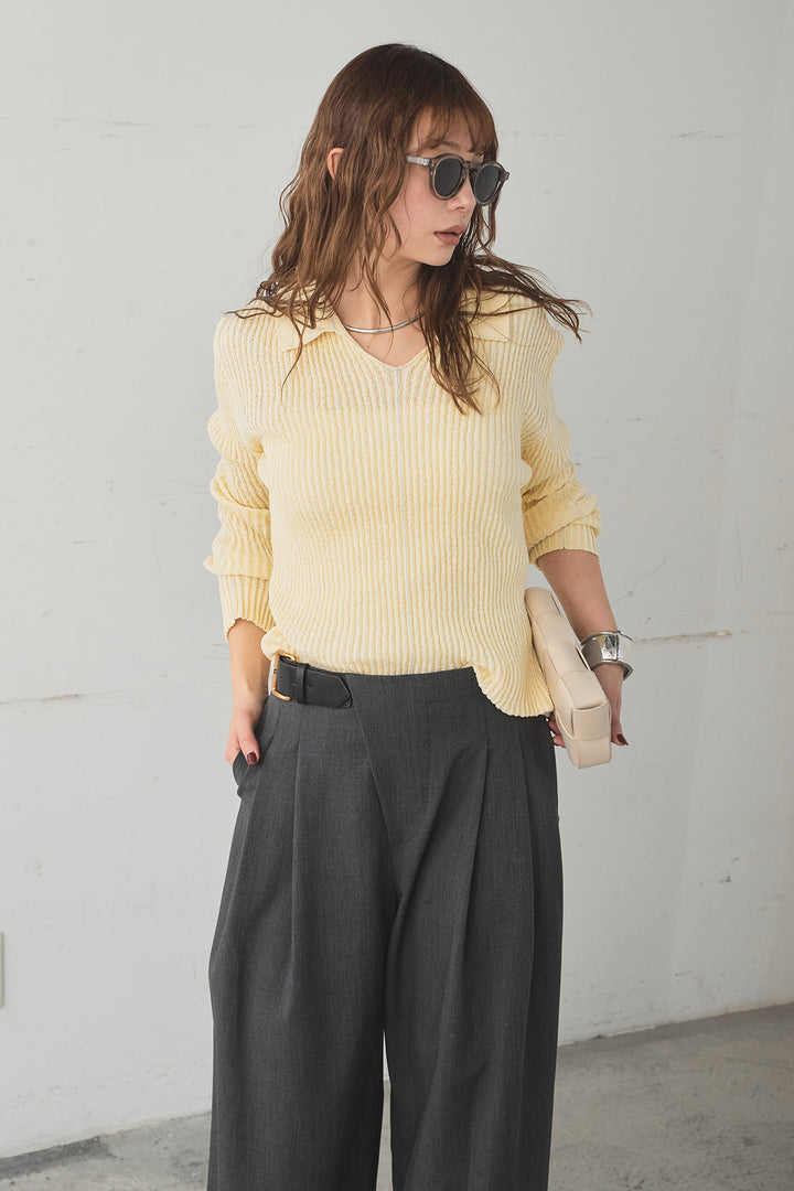 [SET]衿付きニットプルオーバー+サイドベルトタック入りスラックス(2set)