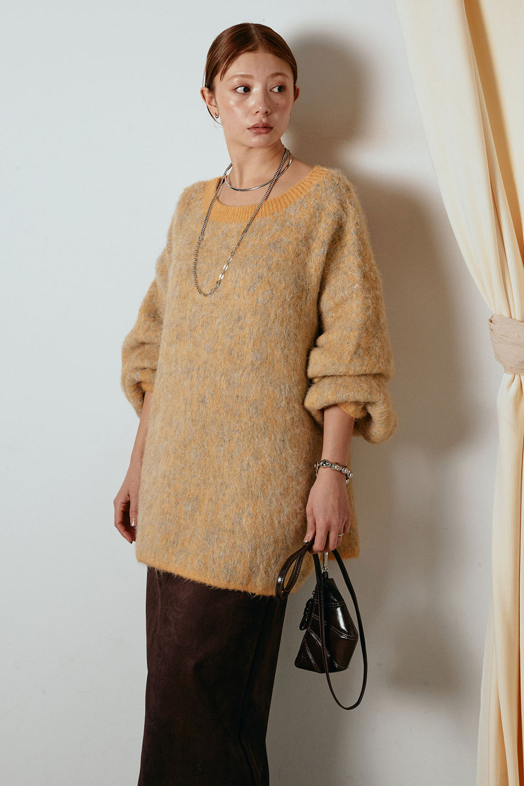 [SET]ボリュームスリーブミックスニットトップス+スウェードライク裾フリンジスカート(2set)