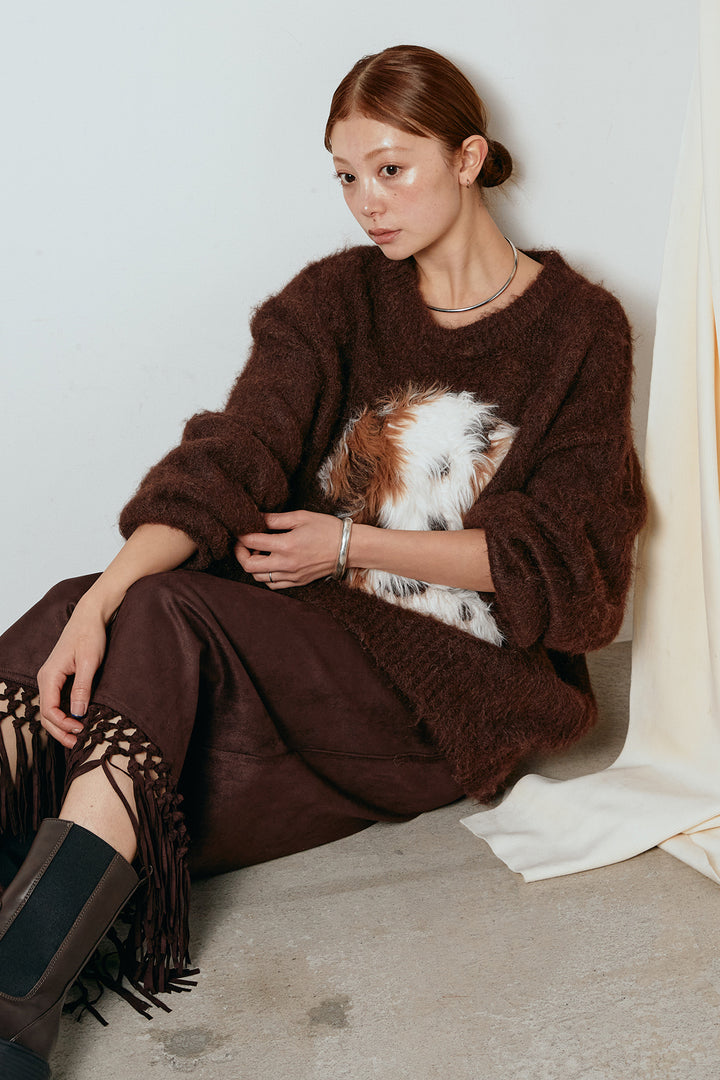 [SET]シャギーニュアンスアニマルニット+スウェードライク裾フリンジスカート(2set)