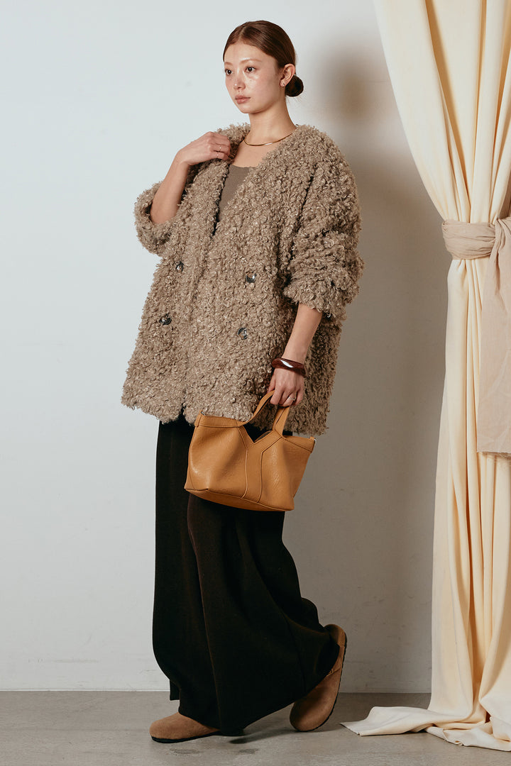 [SET]シープライクファージャケット+フェイクレザー太ベルト付きタックワイドパンツ(2set)