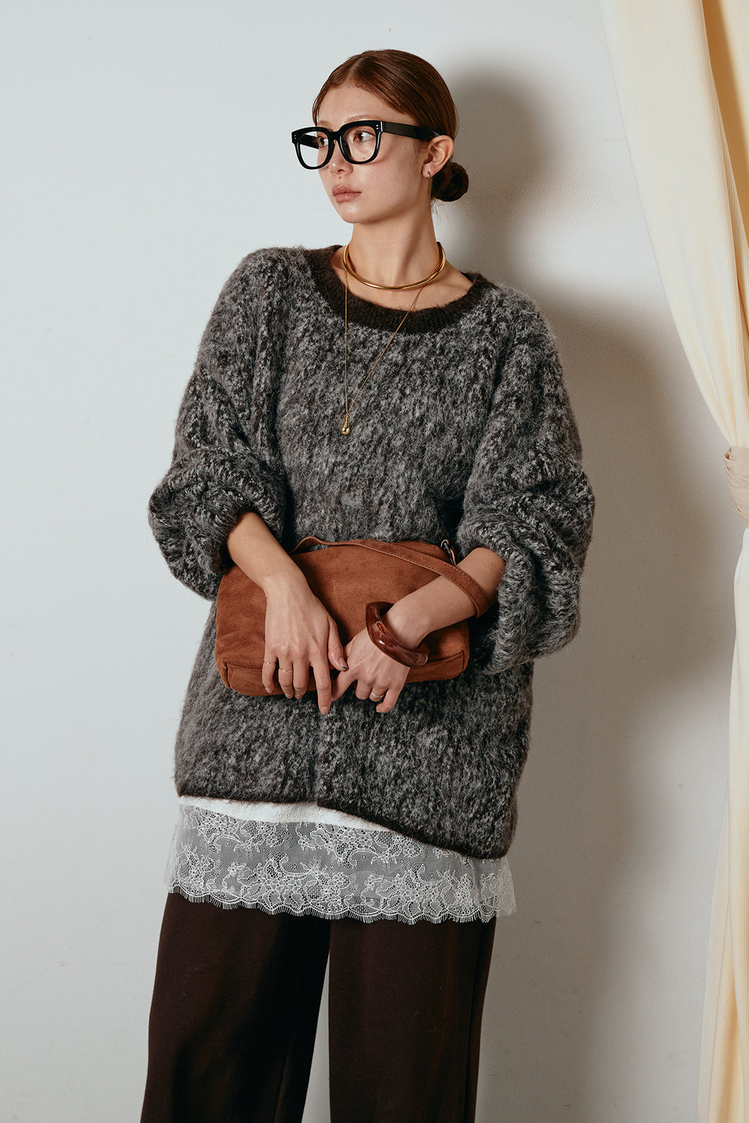 [SET]ボリュームスリーブミックスニットトップス+裏起毛スウェットワイドパンツ(2set)