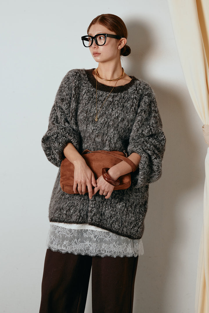 [SET]ボリュームスリーブミックスニットトップス+裏起毛スウェットワイドパンツ(2set)