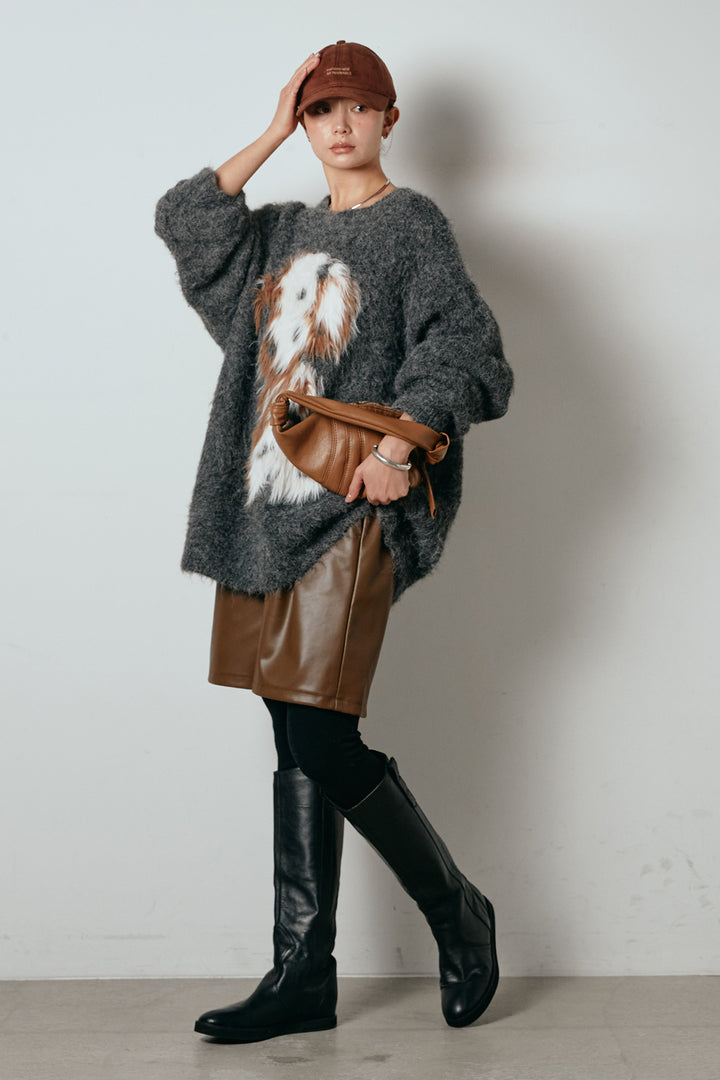 [SET]シャギーニュアンスアニマルニット+ストレッチエコレザーバミューダパンツ(2set)