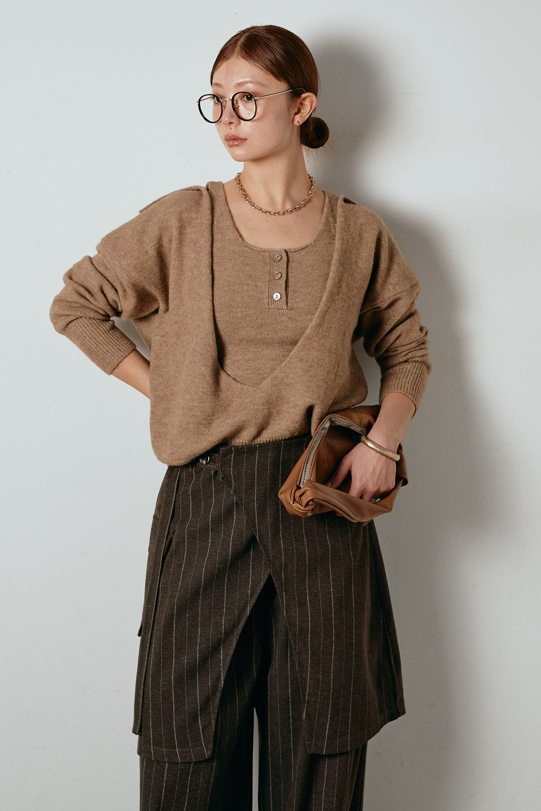 [SET]襟付きレイヤードニットトップス+細ストライプレイヤードデザインパンツ(2set)