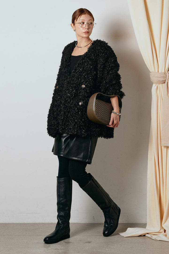 [SET]シープライクファージャケット+ストレッチエコレザーバミューダパンツ(2set)