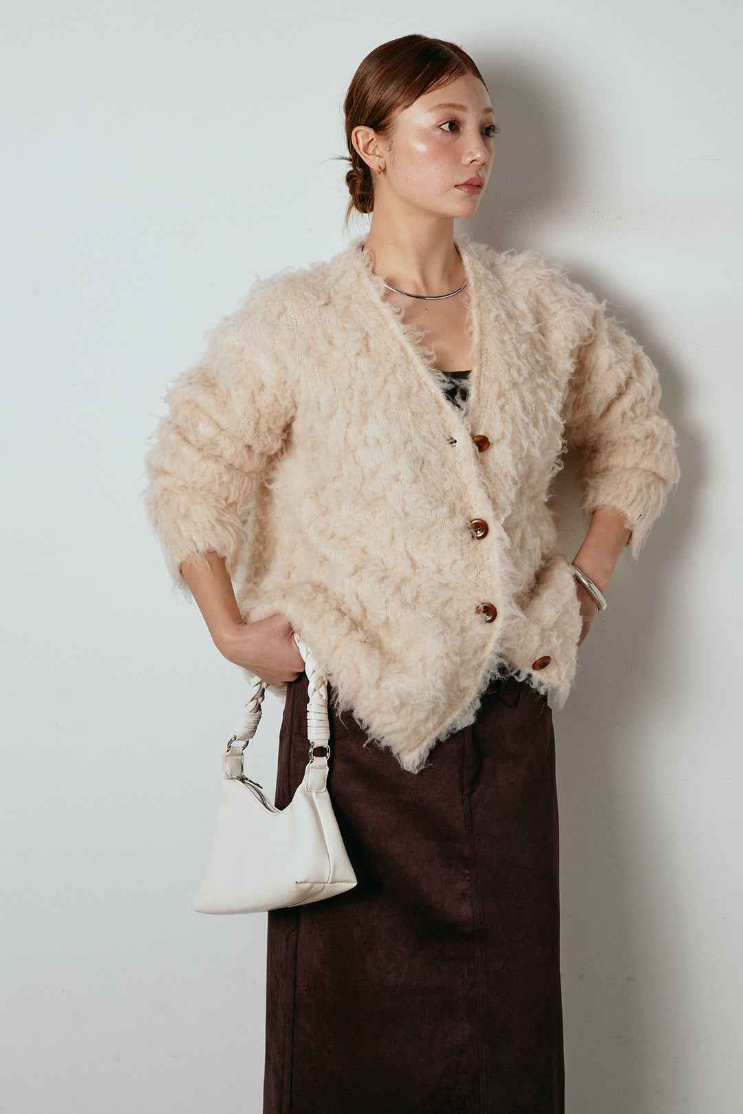 [SET]ルーズシャギーニットカーディガン+スウェードライク裾フリンジスカート(2set)