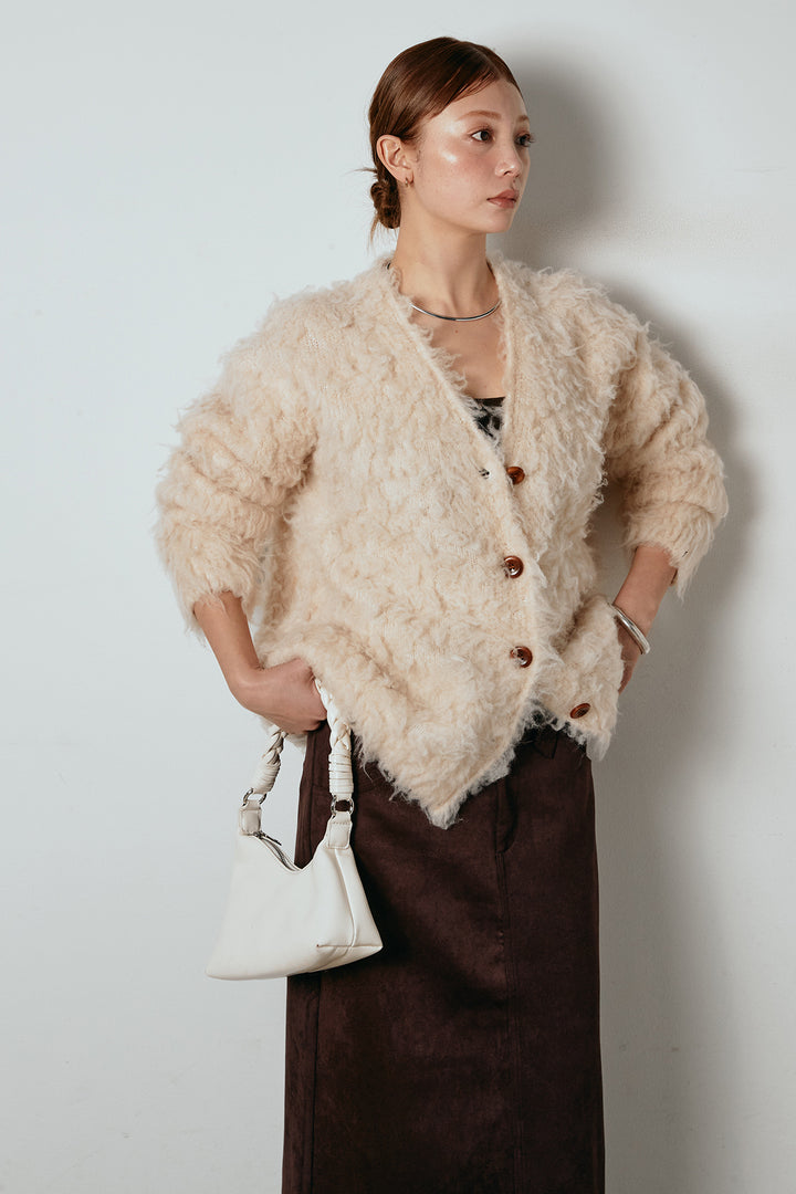 [SET]ルーズシャギーニットカーディガン+スウェードライク裾フリンジスカート(2set)