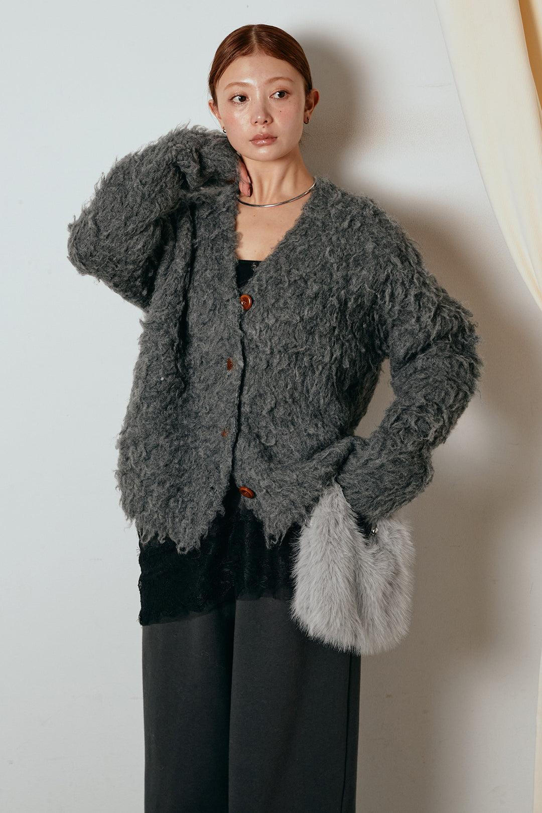 [SET]ルーズシャギーニットカーディガン+裏起毛スウェットワイドパンツ(2set)