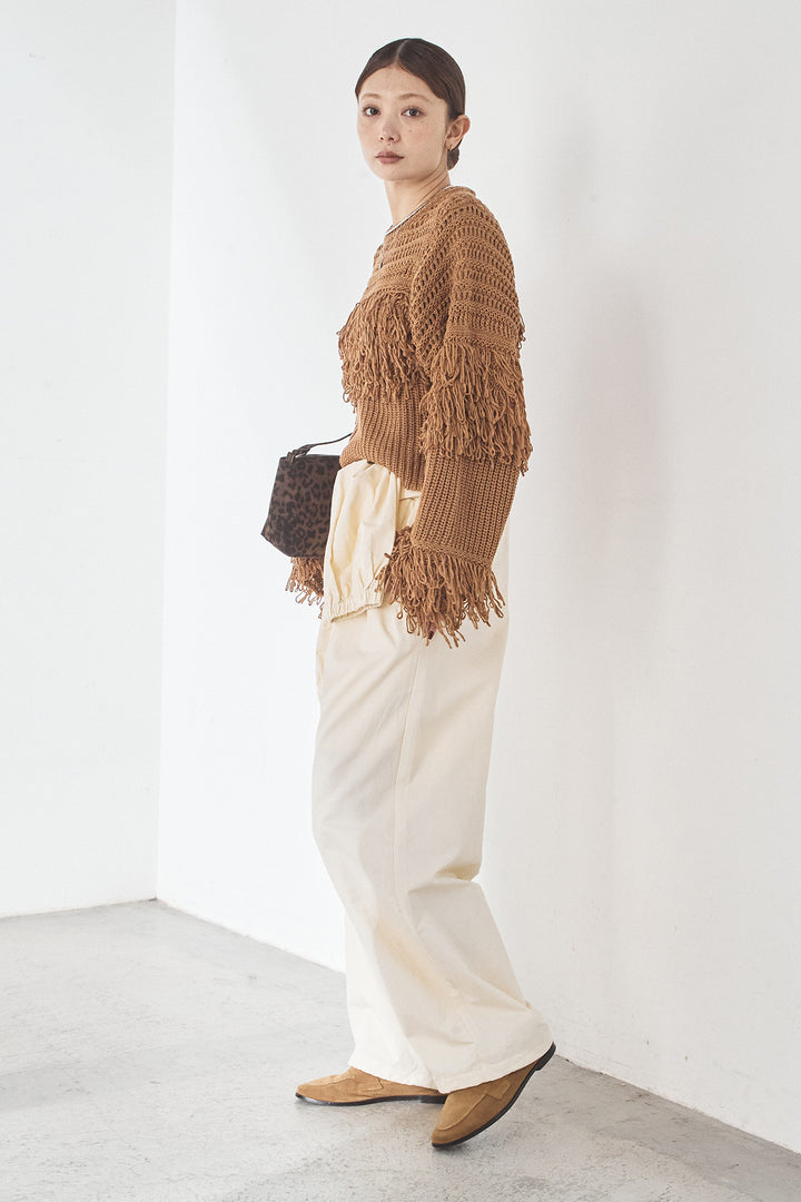 [SET]メッシュフリンジ切り替えプルオーバー+合繊ツイルスタンドウエスト巻きジョガーパンツ(2set)