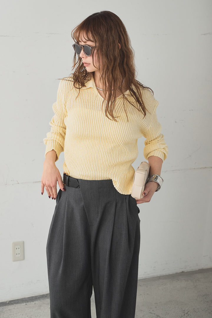 [SET]衿付きニットプルオーバー+サイドベルトタック入りスラックス(2set)