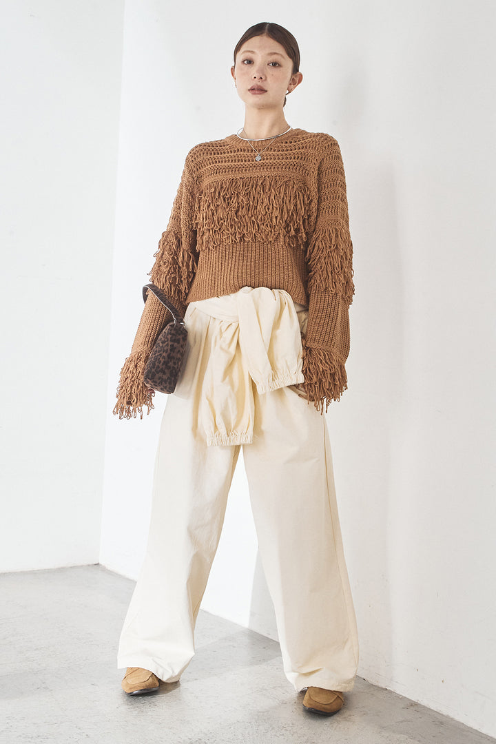 [SET]メッシュフリンジ切り替えプルオーバー+合繊ツイルスタンドウエスト巻きジョガーパンツ(2set)