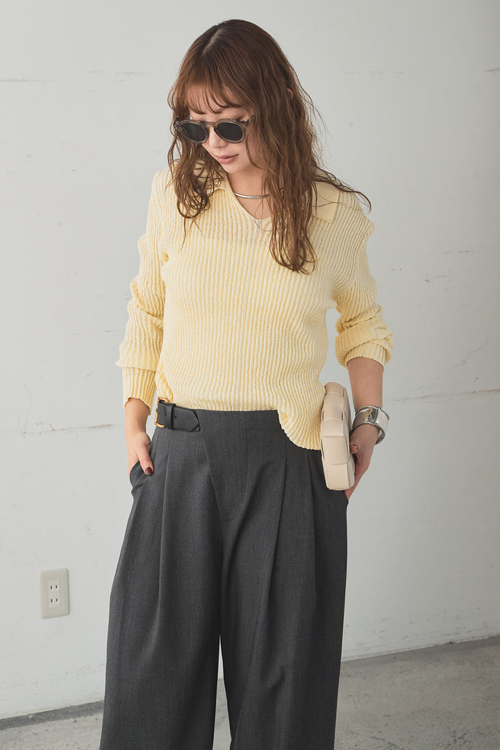 [SET]衿付きニットプルオーバー+サイドベルトタック入りスラックス(2set)