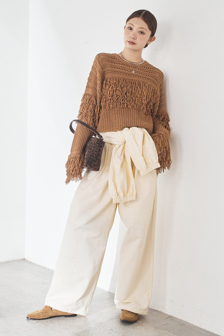[SET]メッシュフリンジ切り替えプルオーバー+合繊ツイルスタンドウエスト巻きジョガーパンツ(2set)