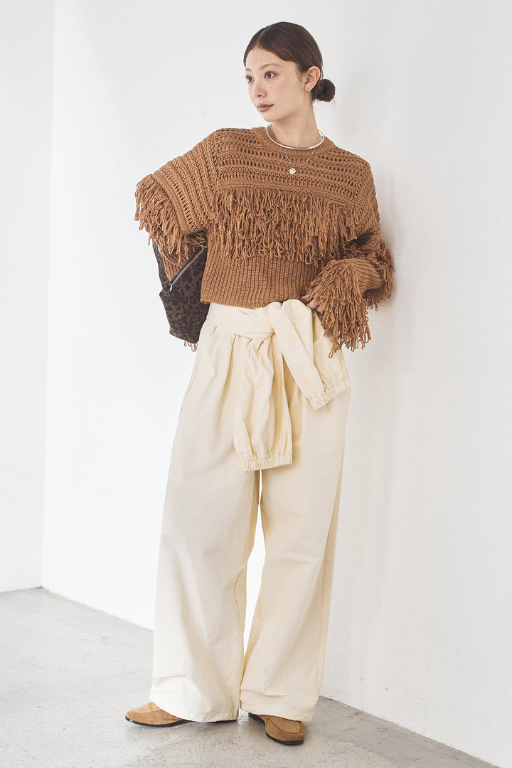[SET]メッシュフリンジ切り替えプルオーバー+合繊ツイルスタンドウエスト巻きジョガーパンツ(2set)