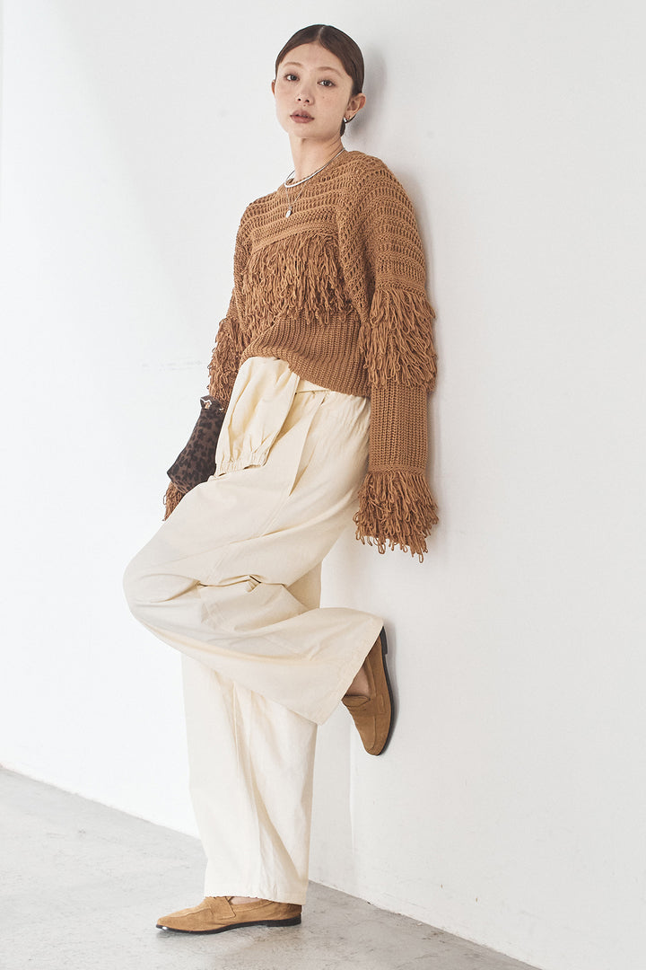 [SET]メッシュフリンジ切り替えプルオーバー+合繊ツイルスタンドウエスト巻きジョガーパンツ(2set)