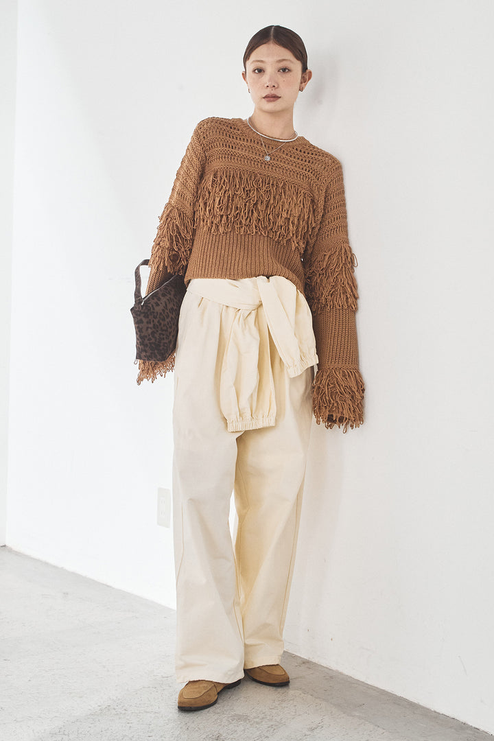 [SET]メッシュフリンジ切り替えプルオーバー+合繊ツイルスタンドウエスト巻きジョガーパンツ(2set)