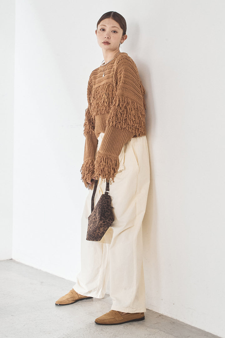 [SET]メッシュフリンジ切り替えプルオーバー+合繊ツイルスタンドウエスト巻きジョガーパンツ(2set)
