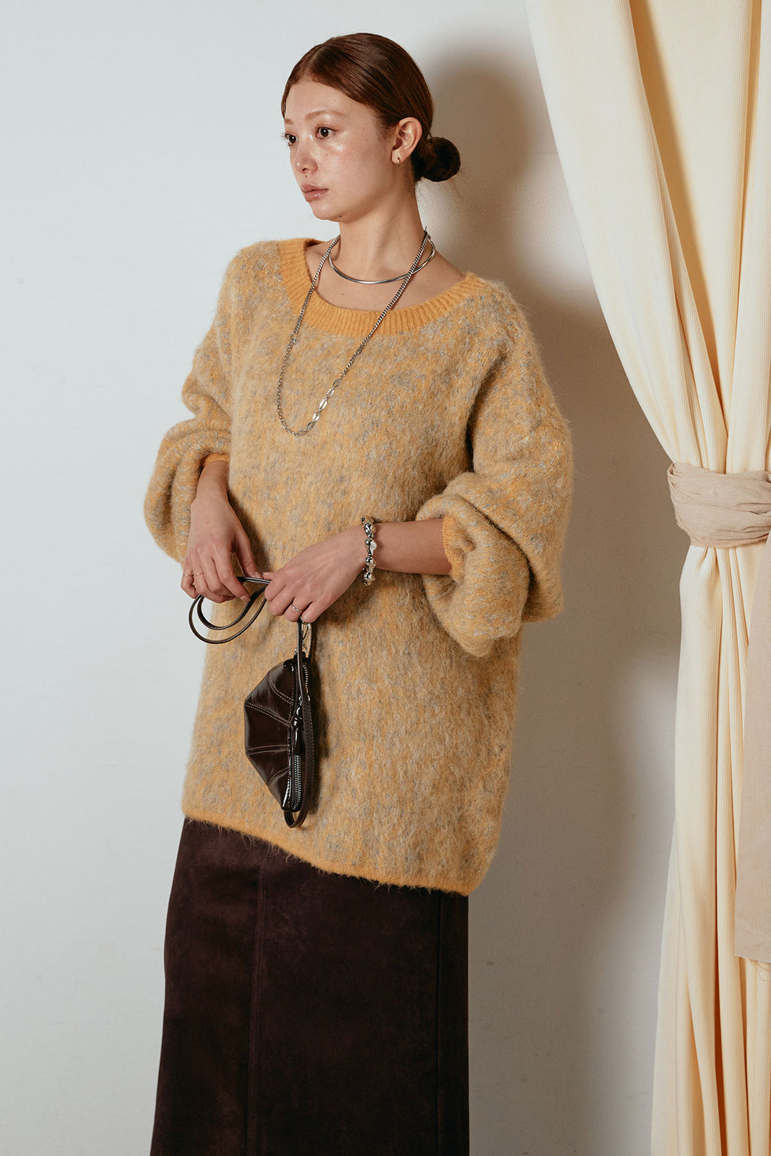 [SET]ボリュームスリーブミックスニットトップス+スウェードライク裾フリンジスカート(2set)