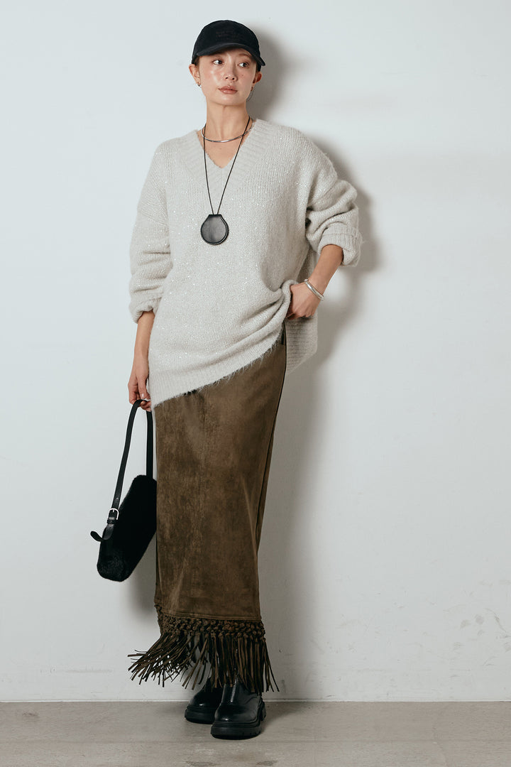 [SET]Vネックルーズラメニットトップス+スウェードライク裾フリンジスカート(2set)