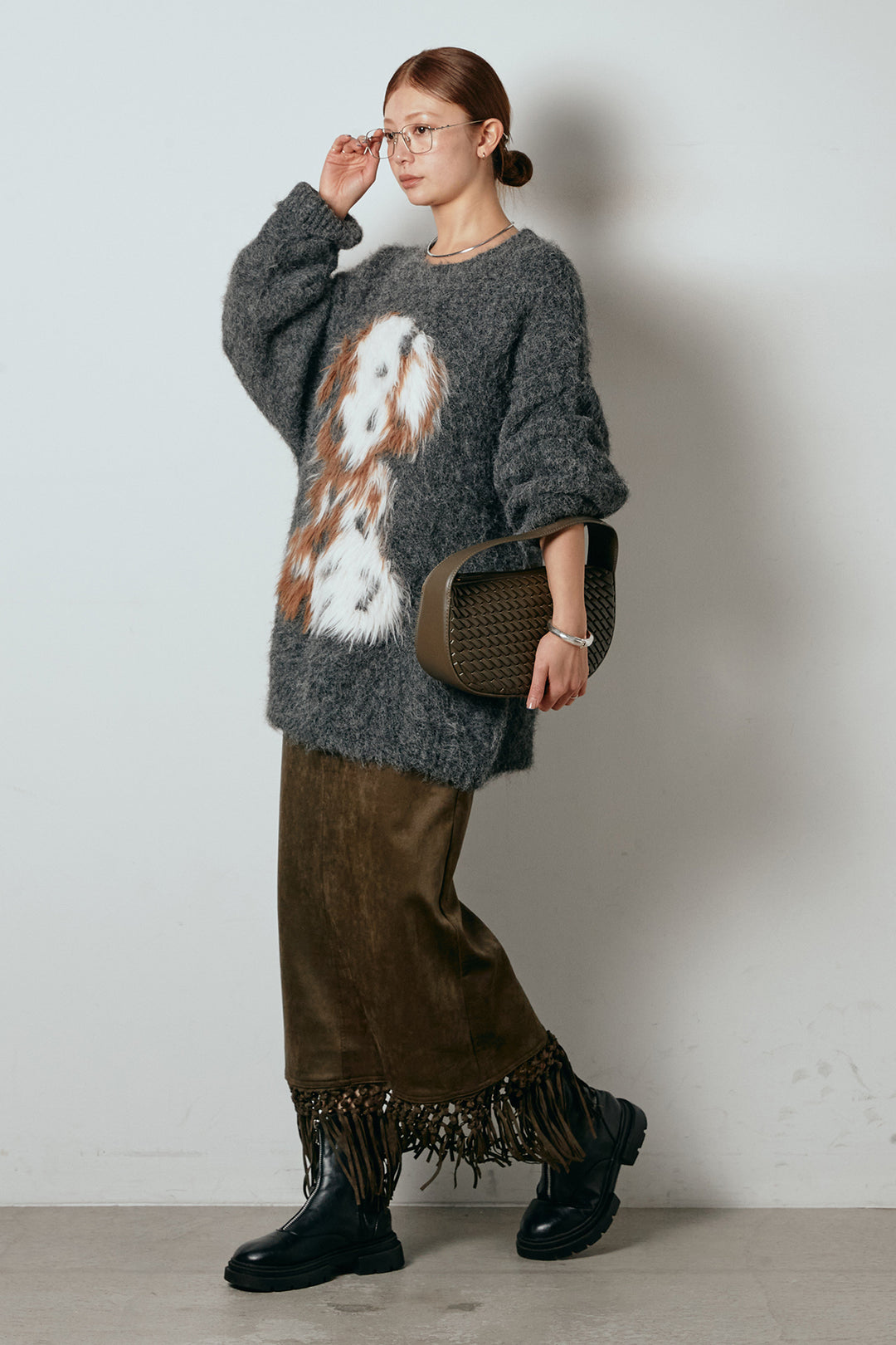 [SET]シャギーニュアンスアニマルニット+スウェードライク裾フリンジスカート(2set)