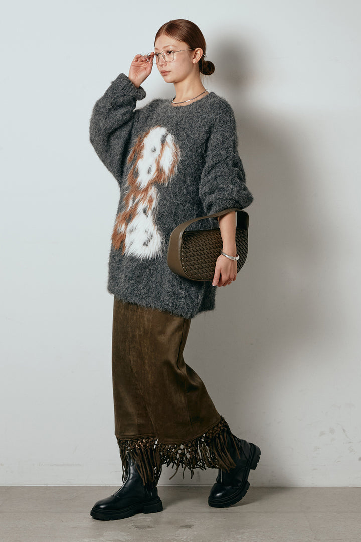[SET]シャギーニュアンスアニマルニット+スウェードライク裾フリンジスカート(2set)