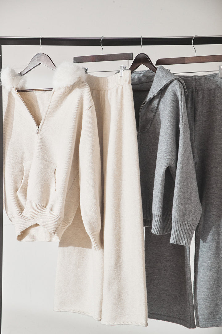 【着回しセット】[SET]ファー付きフーディーニットSETUP+ビッグカラーダブルジップニットSETUP(2set)