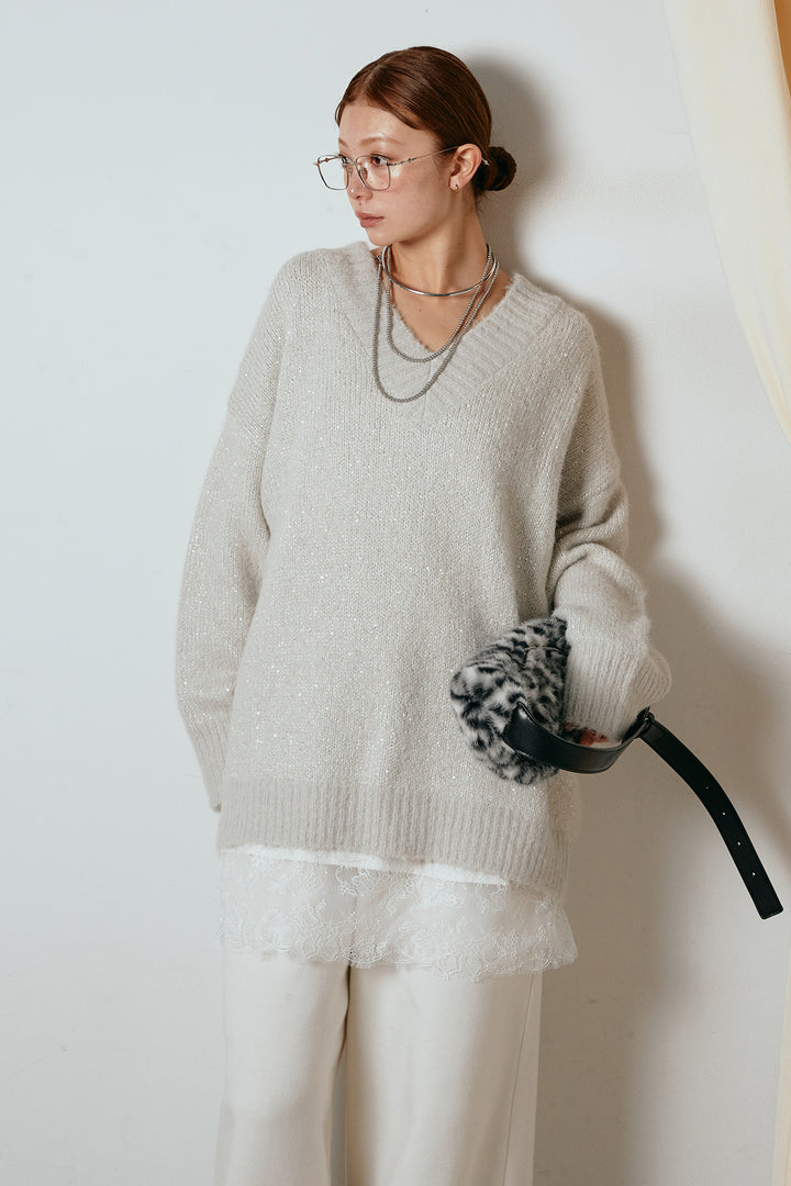 [SET]Vネックルーズラメニットトップス+レース切り替えキャミソール(2set)